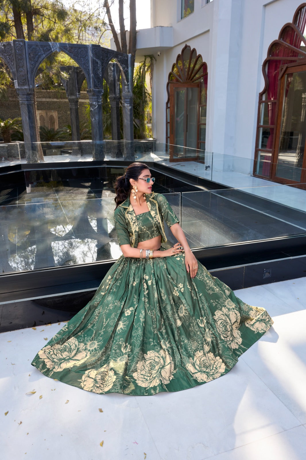Exquisite Tussar Silk Floral Printed Lehenga Choli Koti Set