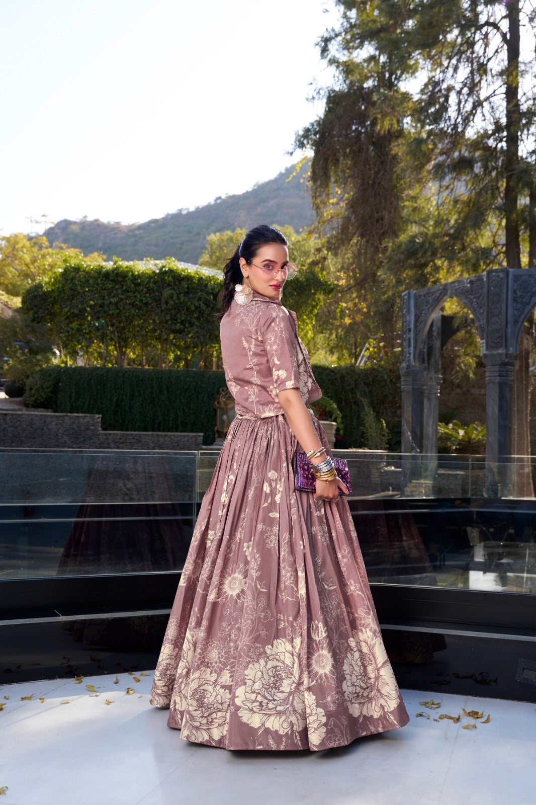 Exquisite Tussar Silk Floral Printed Lehenga Choli Koti Set