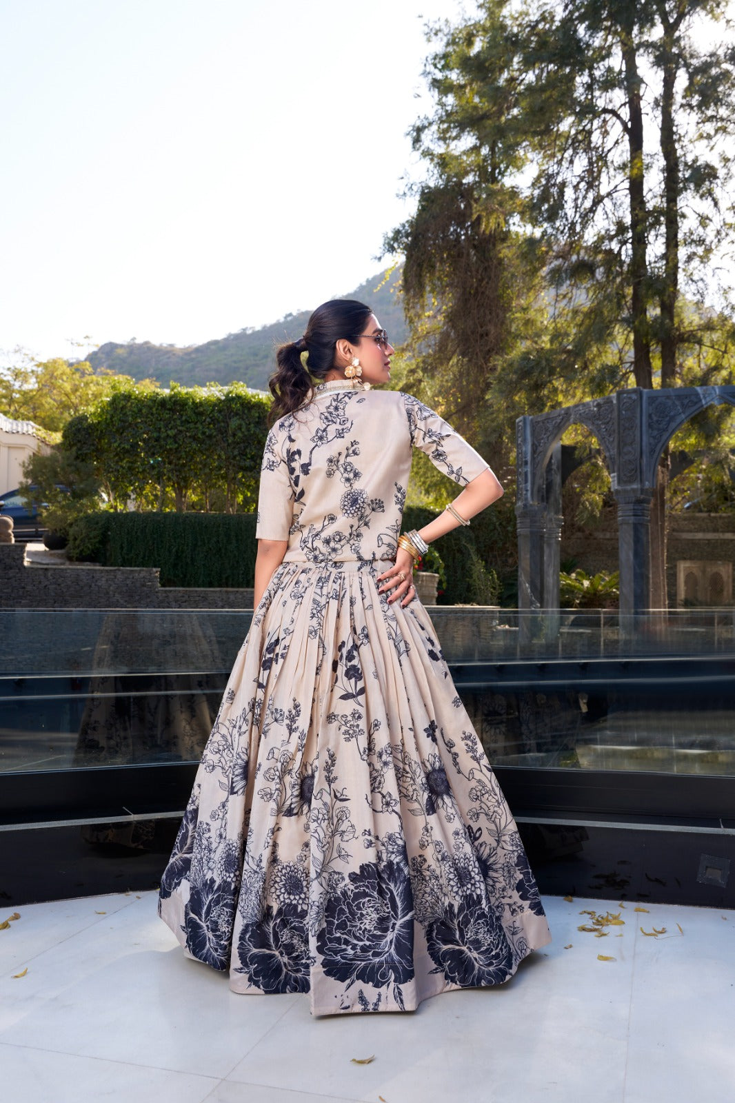 Exquisite Tussar Silk Floral Printed Lehenga Choli Koti Set
