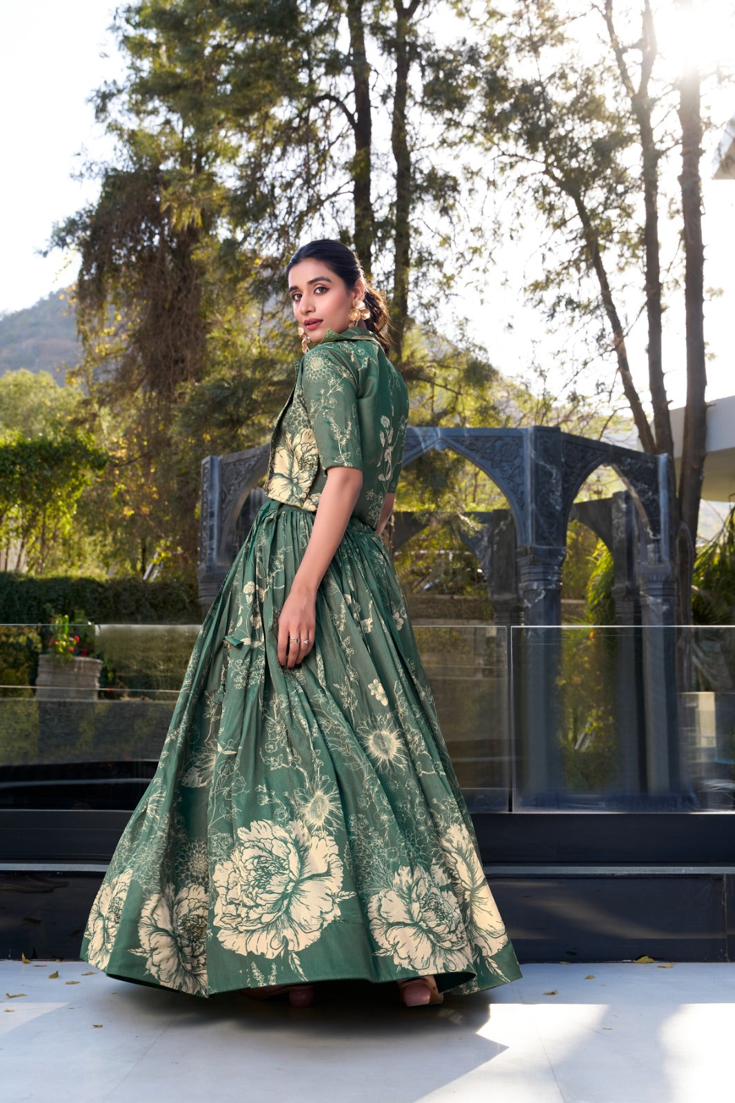 Exquisite Tussar Silk Floral Printed Lehenga Choli Koti Set
