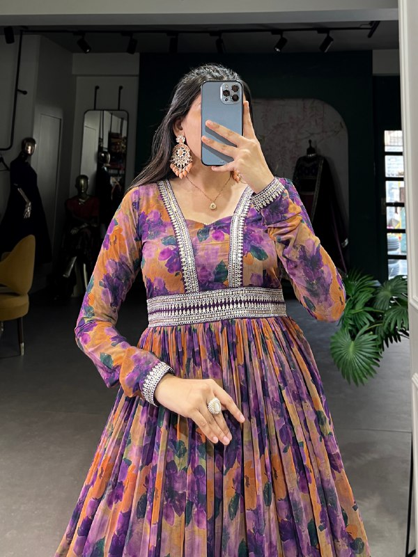 Fabulous Georgette Floral Printed Lace Border Worked Gown