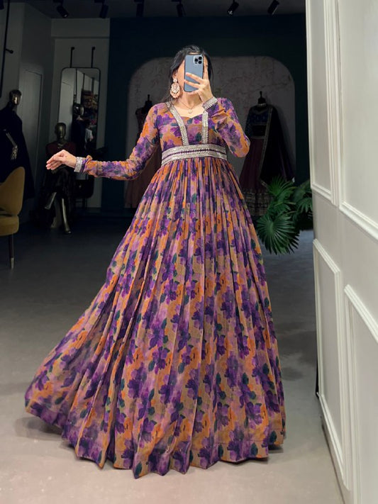 Fabulous Georgette Floral Printed Lace Border Worked Gown