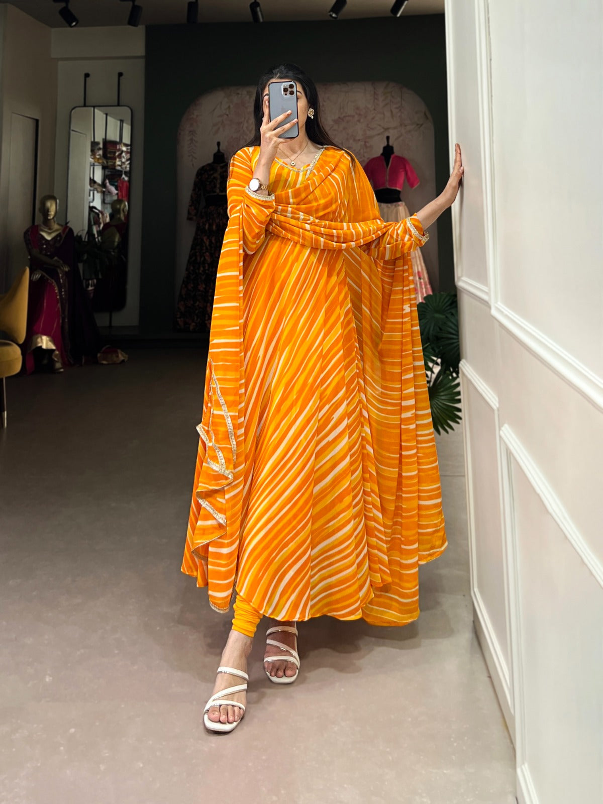 Spellbinding Georgette Leheriya Printed Stitched Designer Gown - Ethnicwish