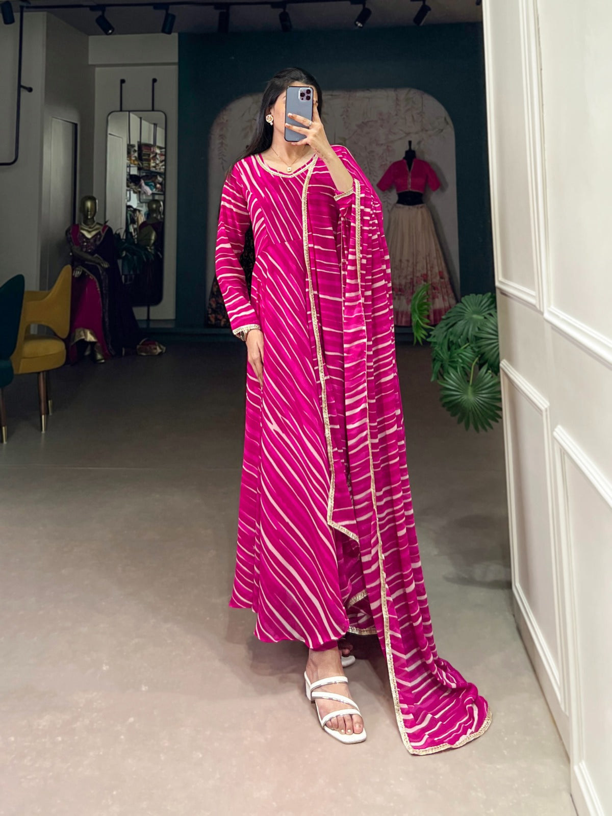 Spellbinding Georgette Leheriya Printed Stitched Designer Gown - Ethnicwish