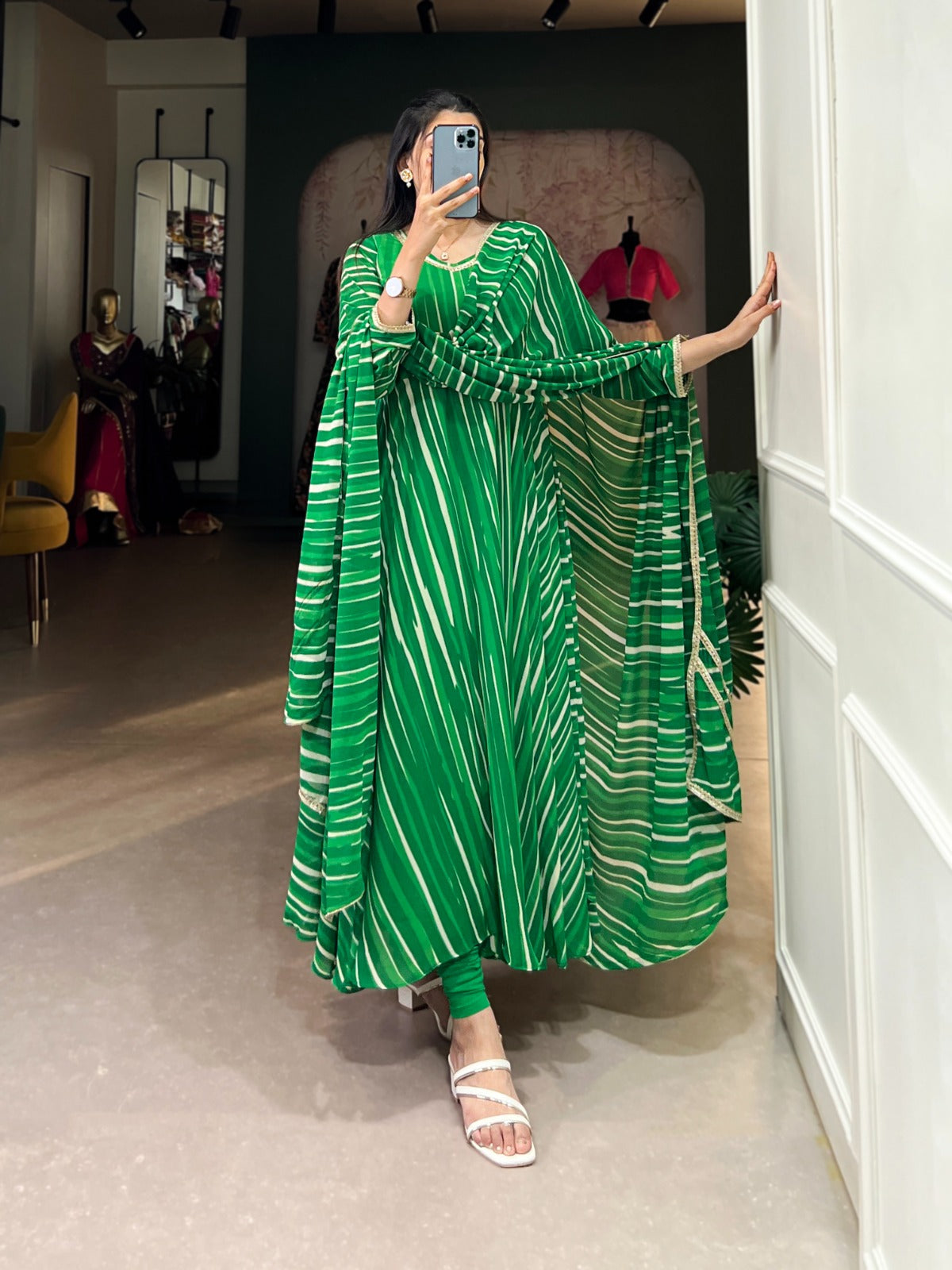 Spellbinding Georgette Leheriya Printed Stitched Designer Gown - Ethnicwish