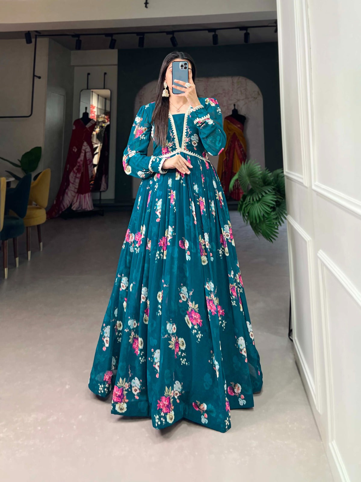 Spellbinding Firozi Georgette Lace Border Worked Stitched Gown - Ethnicwish