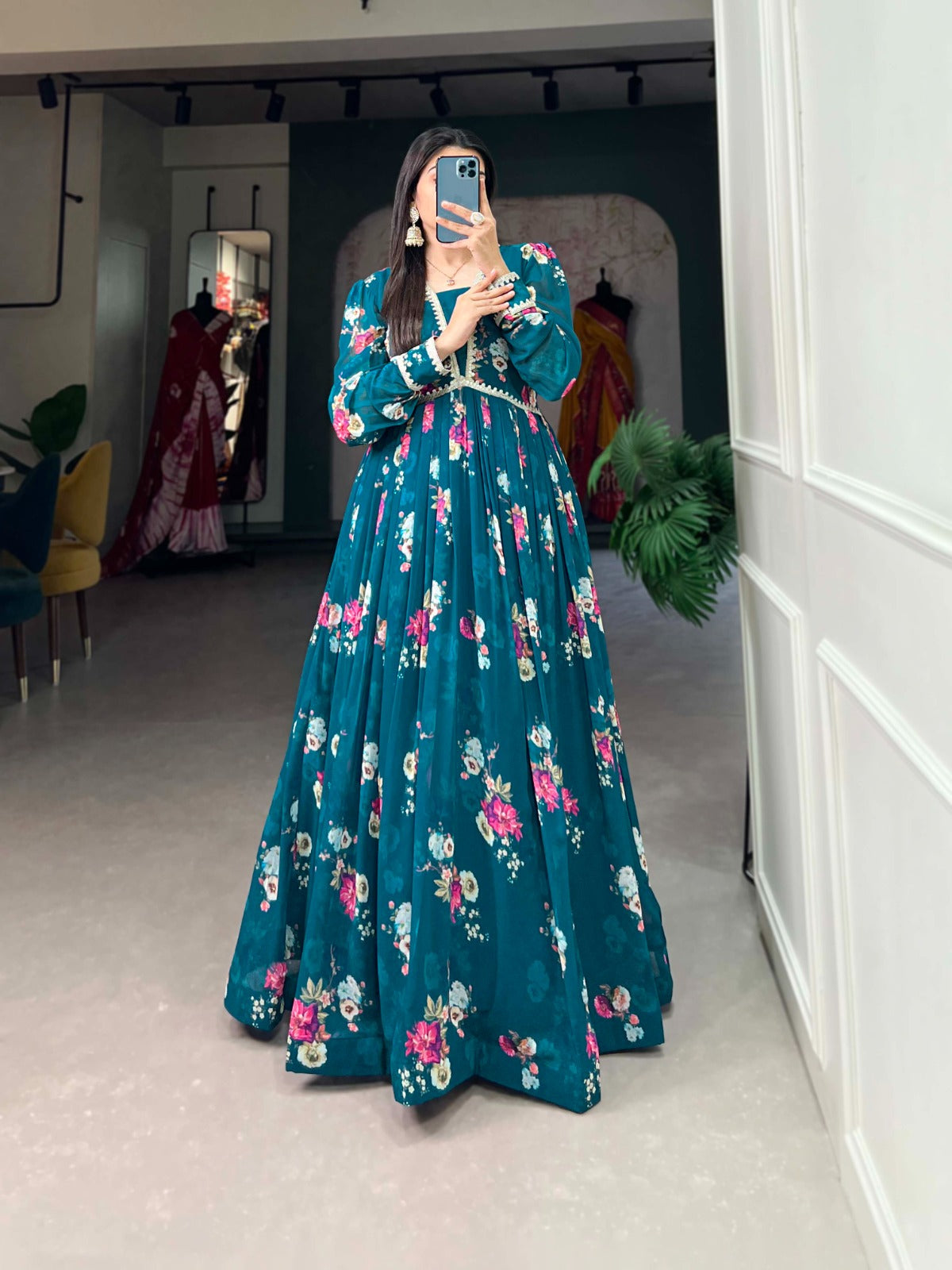Spellbinding Firozi Georgette Lace Border Worked Stitched Gown - Ethnicwish