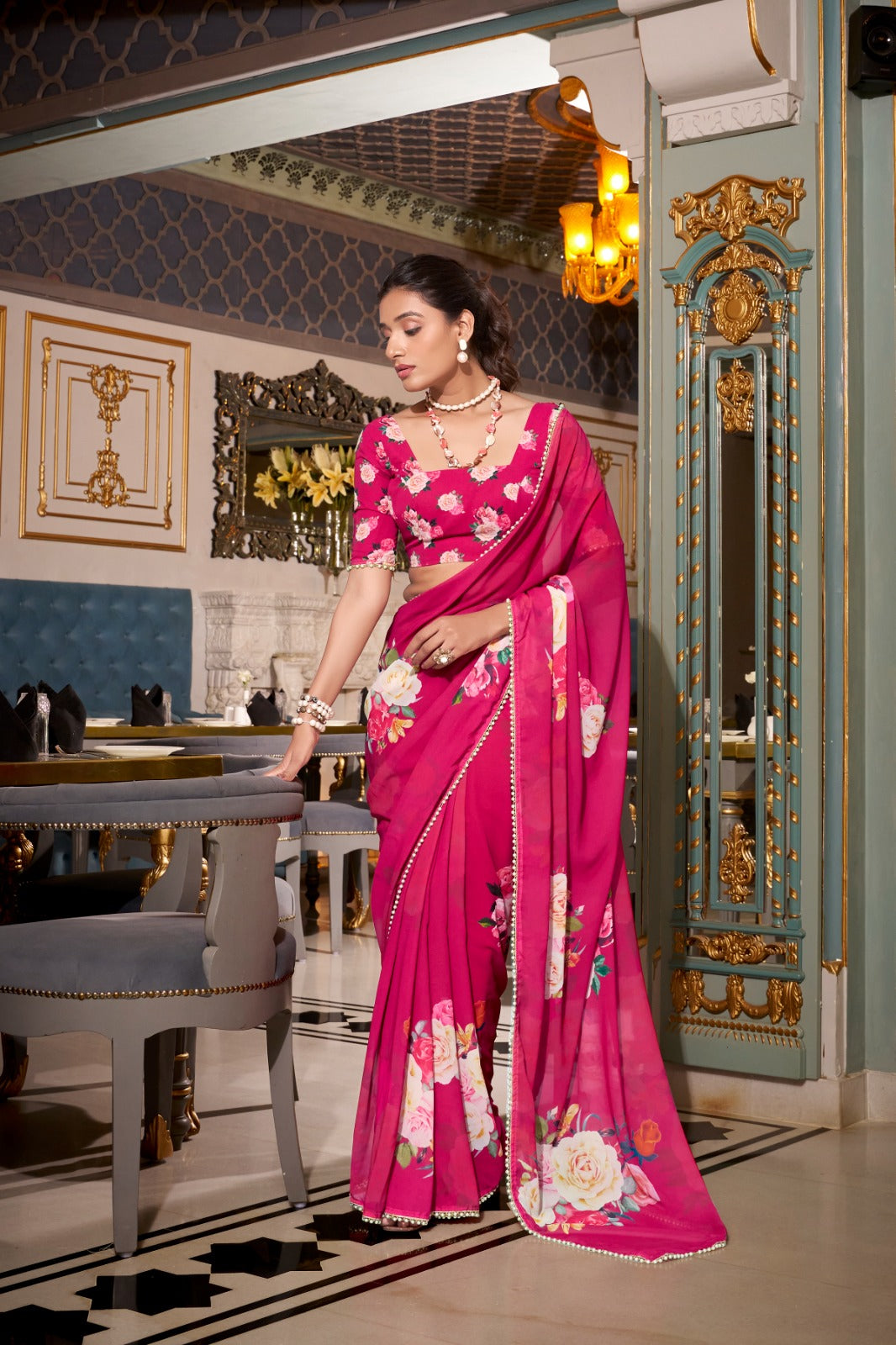 Stunning Georgette Floral Printed Pearl Lace Border Worked Saree