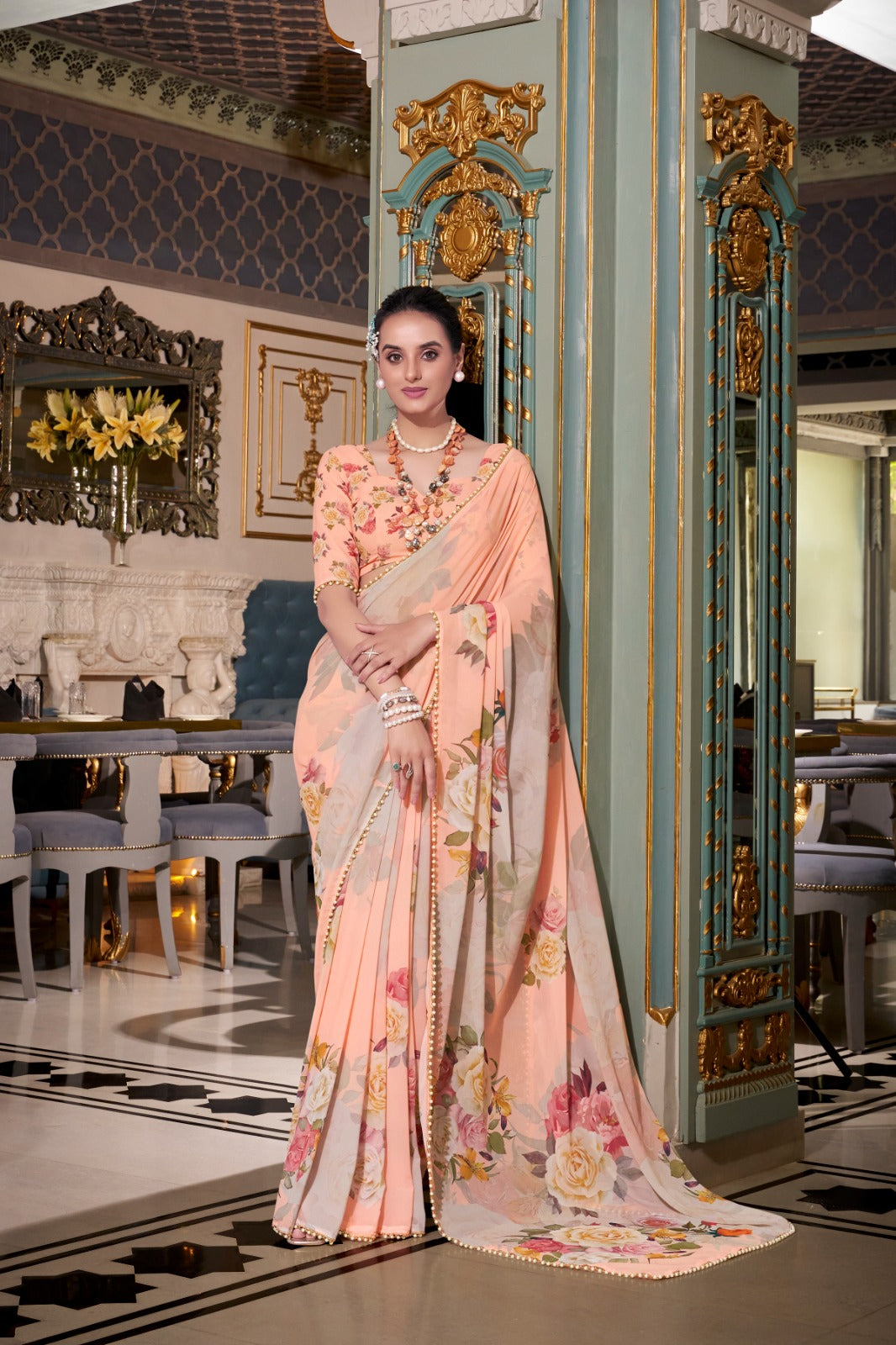 Stunning Georgette Floral Printed Pearl Lace Border Worked Saree