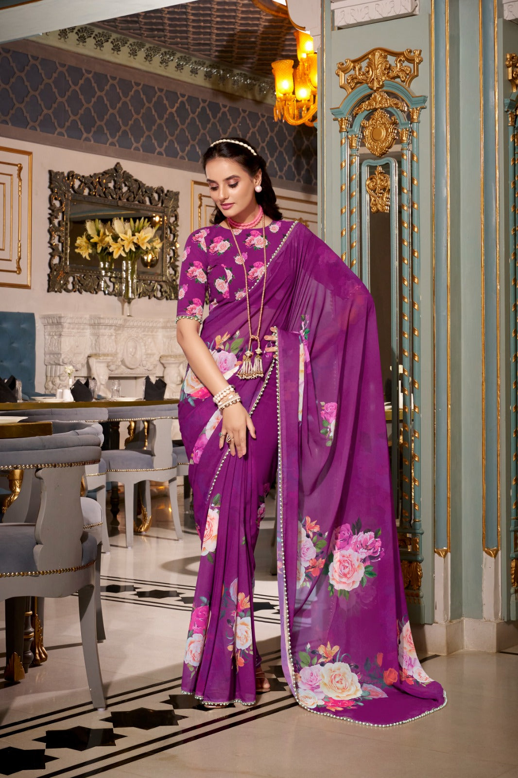 Stunning Georgette Floral Printed Pearl Lace Border Worked Saree