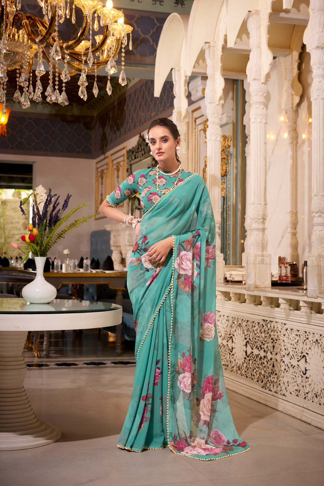 Stunning Georgette Floral Printed Pearl Lace Border Worked Saree