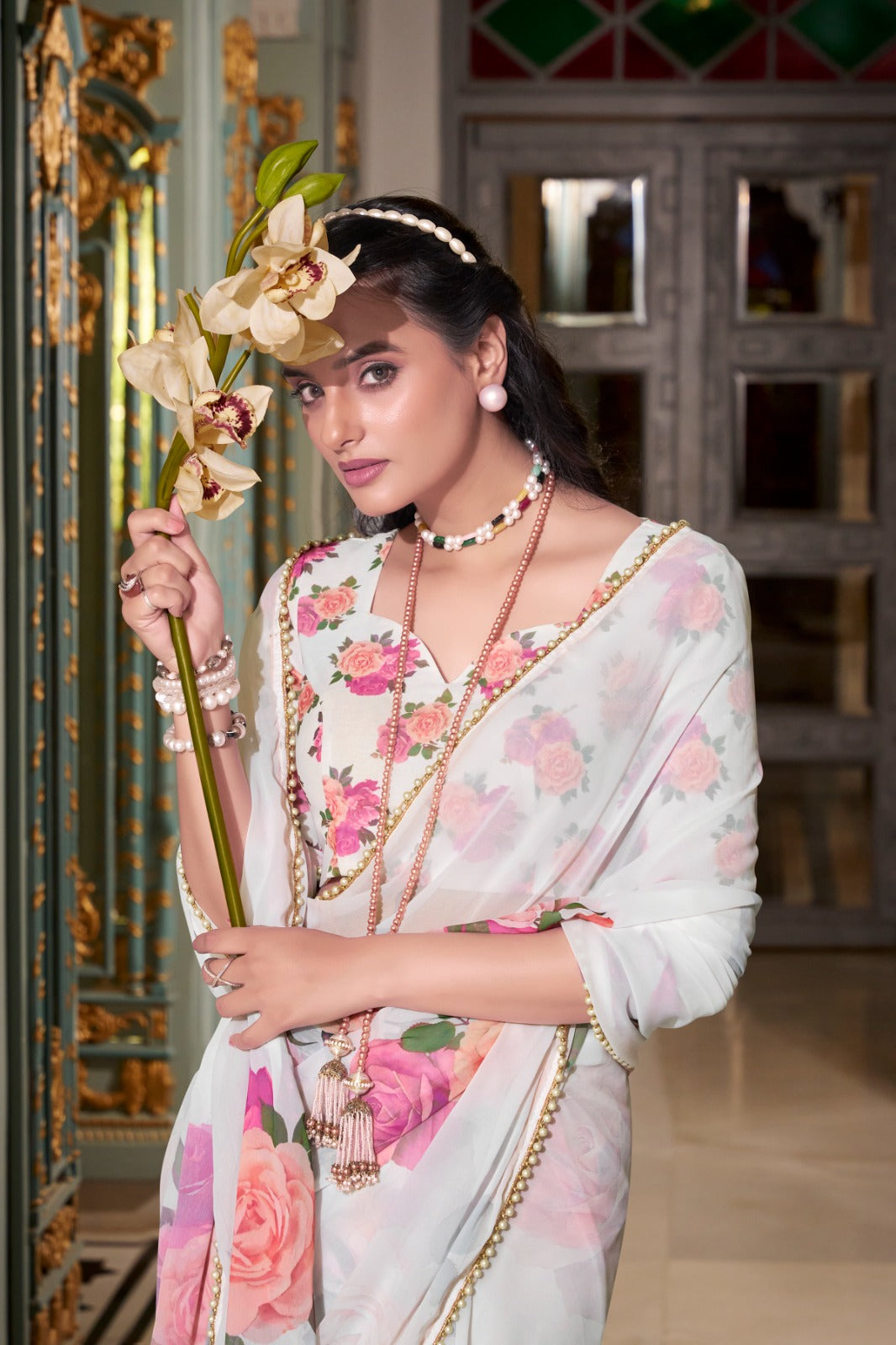 Stunning Georgette Floral Printed Pearl Lace Border Worked Saree