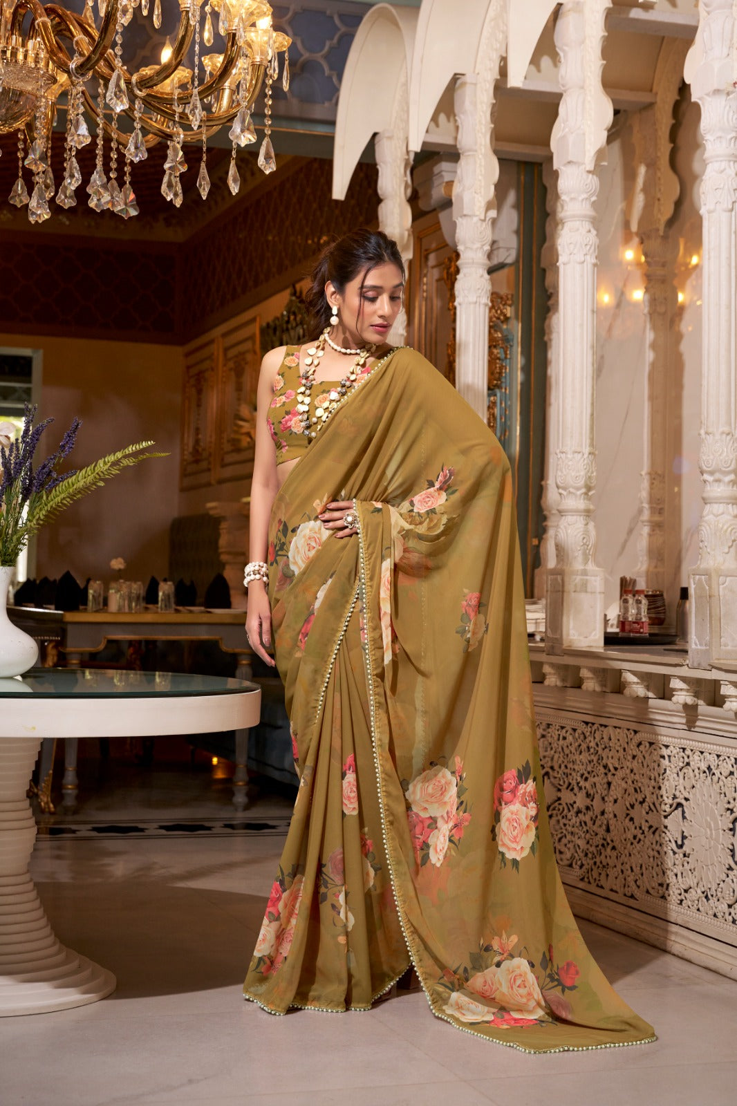 Stunning Georgette Floral Printed Pearl Lace Border Worked Saree