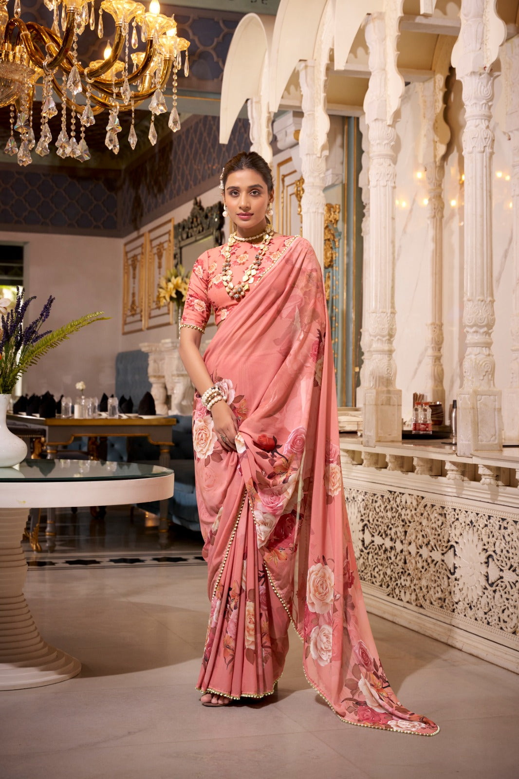 Stunning Georgette Floral Printed Pearl Lace Border Worked Saree