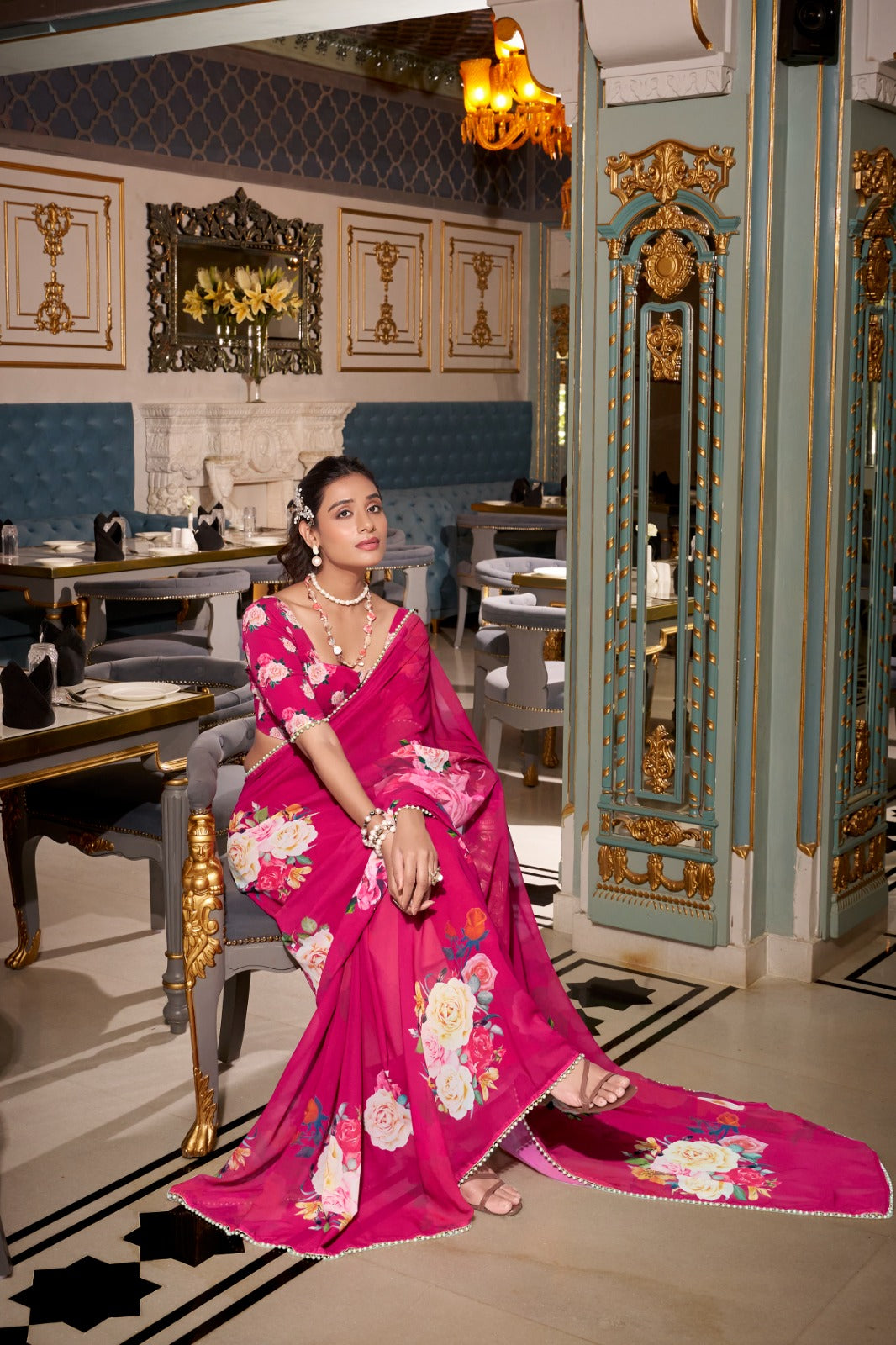 Stunning Georgette Floral Printed Pearl Lace Border Worked Saree