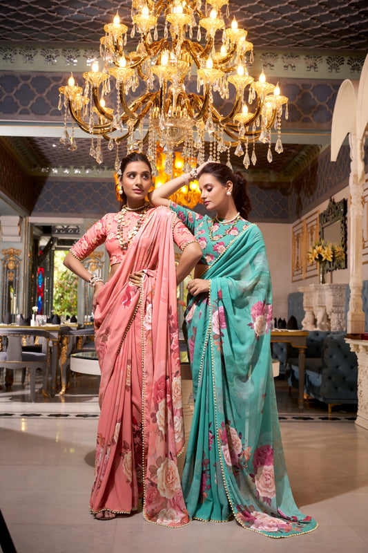 Stunning Georgette Floral Printed Pearl Lace Border Worked Saree