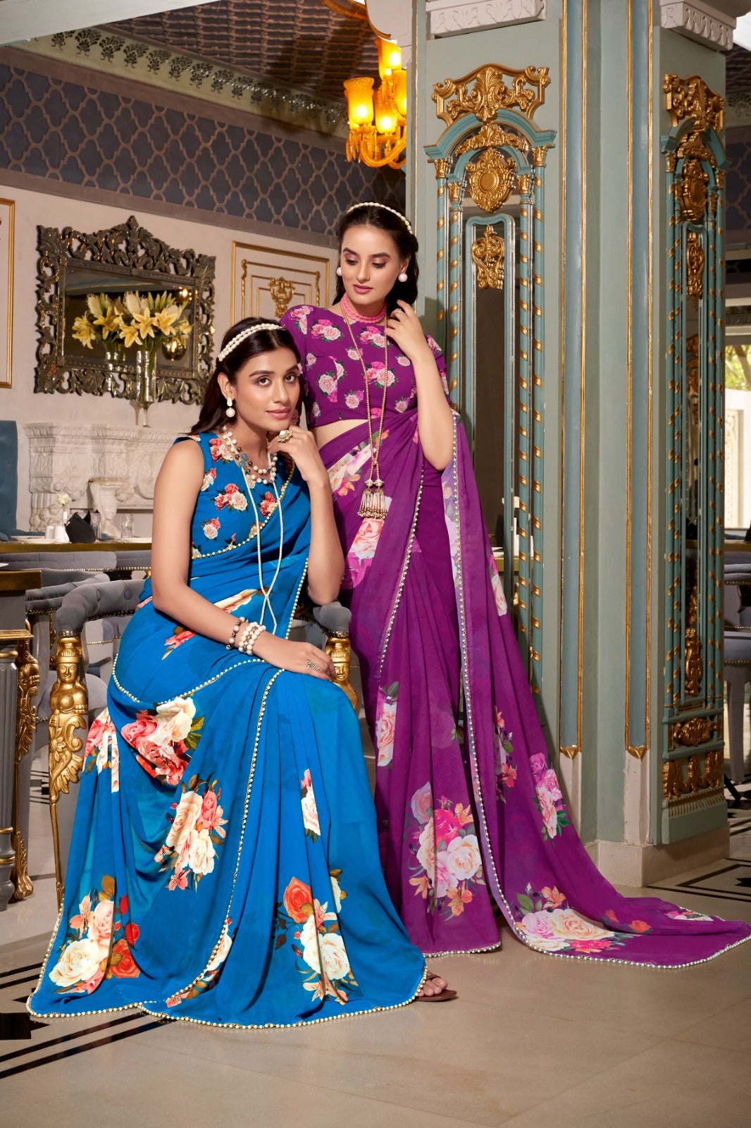 Stunning Georgette Floral Printed Pearl Lace Border Worked Saree