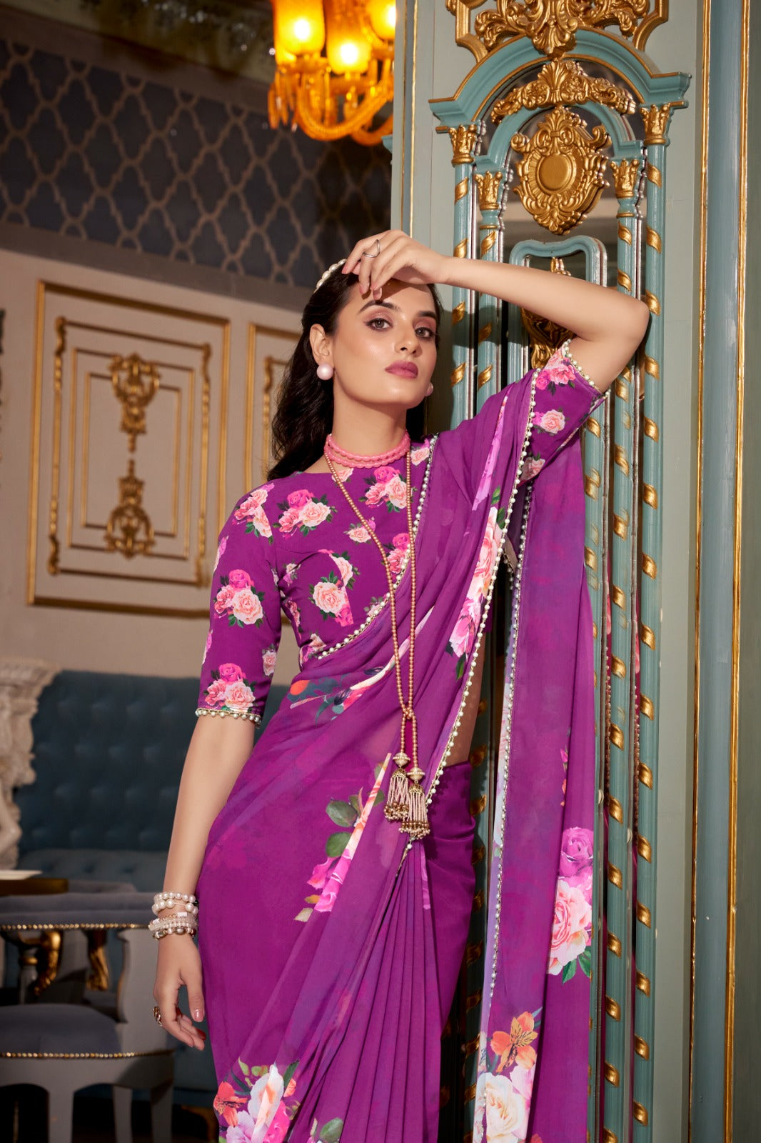 Stunning Georgette Floral Printed Pearl Lace Border Worked Saree