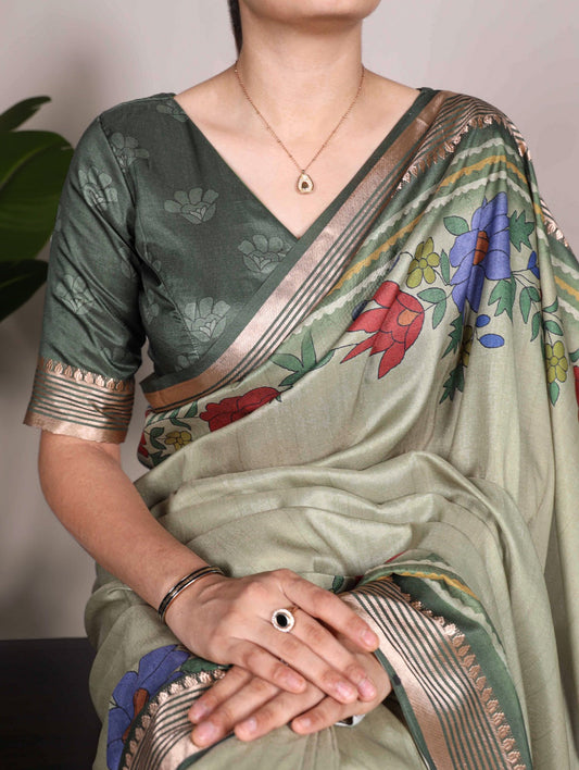 Divine Mehendi Green Tussar Silk Viscose Border Worked Printed Saree - Ethnicwish
