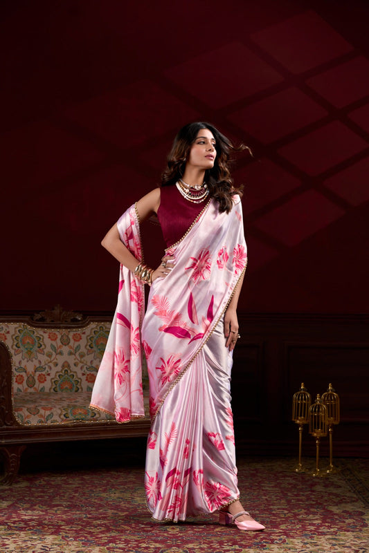 Spellbinding Pink Satin Silk Floral Printed Pearl Lace Border Saree - Ethnicwish
