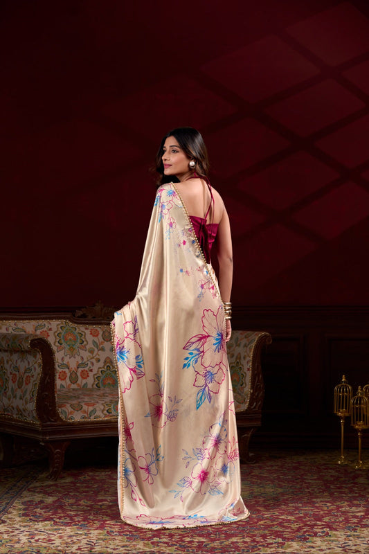 Radiant Peach Satin Silk Floral Printed Pearl Lace Border Saree - Ethnicwish