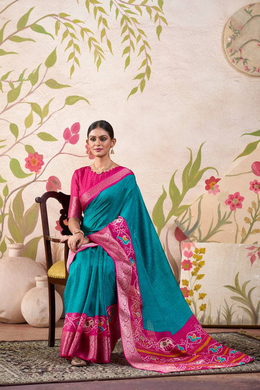 Graceful Tussar Chex Patola Printed Weaving Worked Saree - Ethnicwish