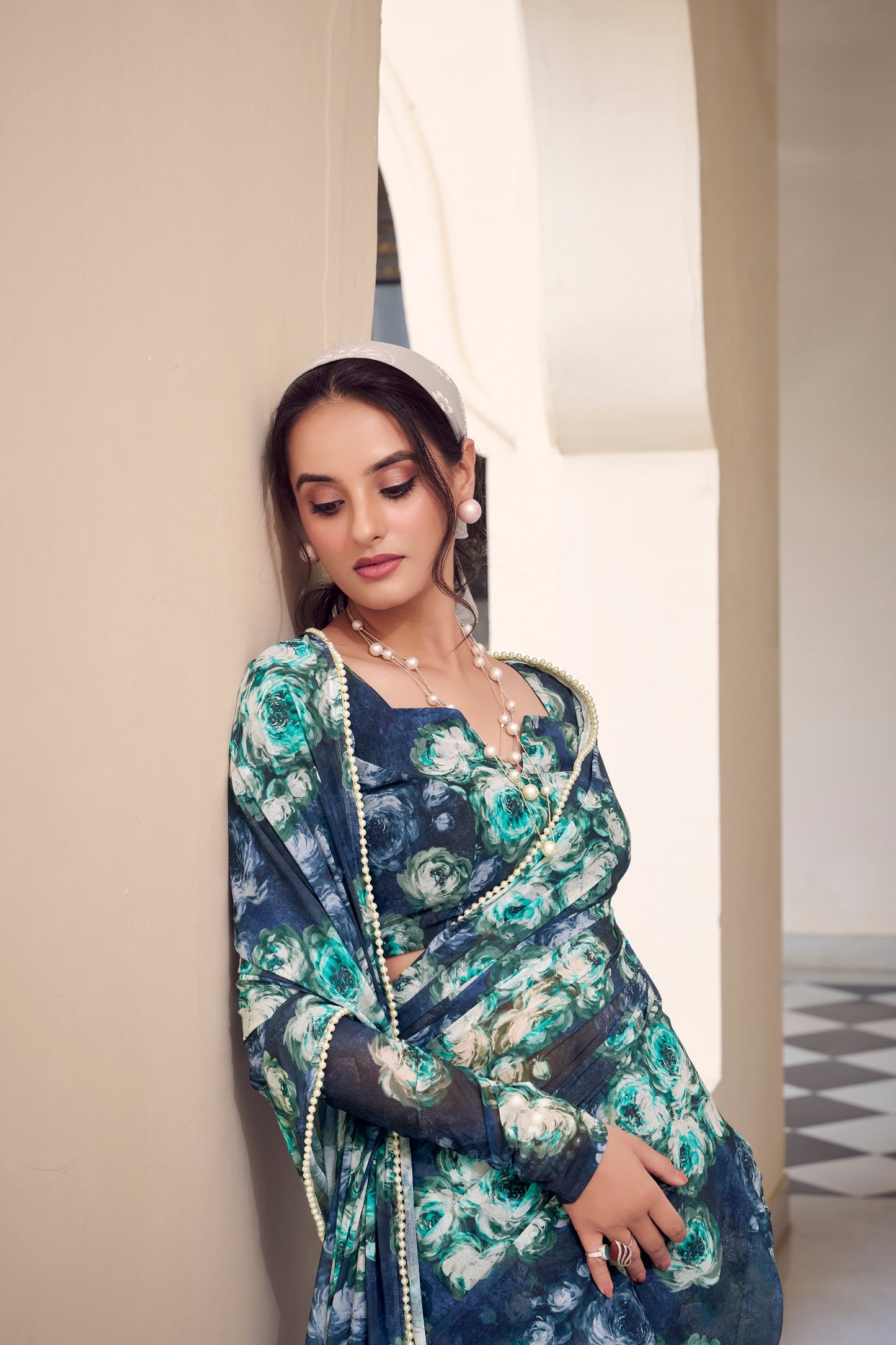 Elegant Floral Printed Saree with Pearl Lace Border