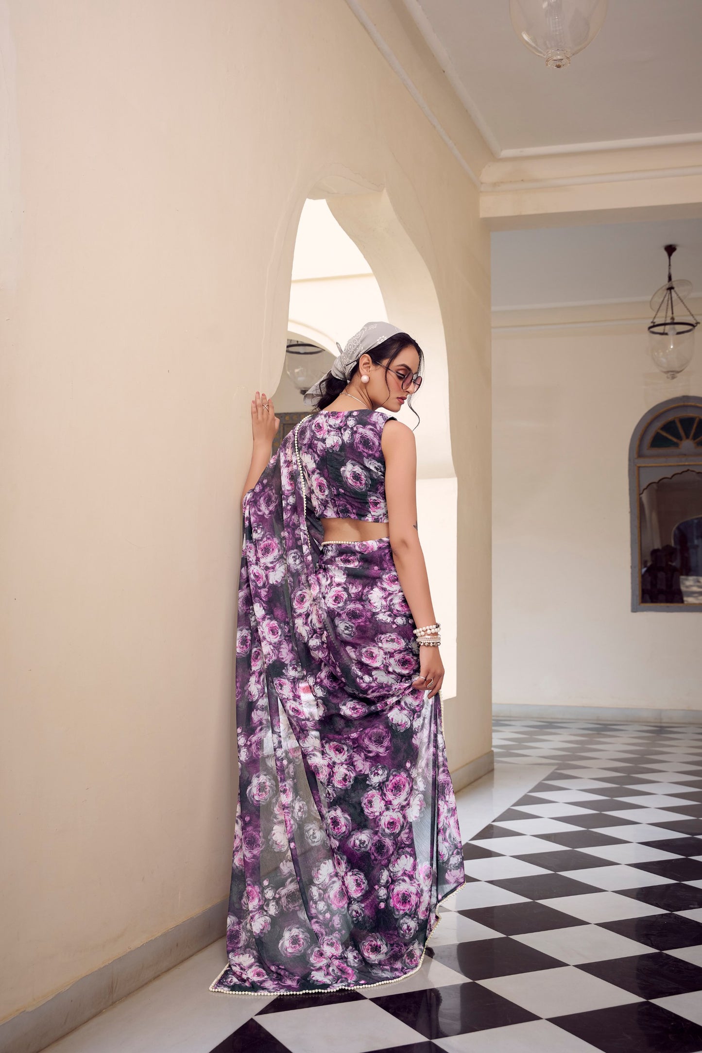 Elegant Floral Printed Saree with Pearl Lace Border