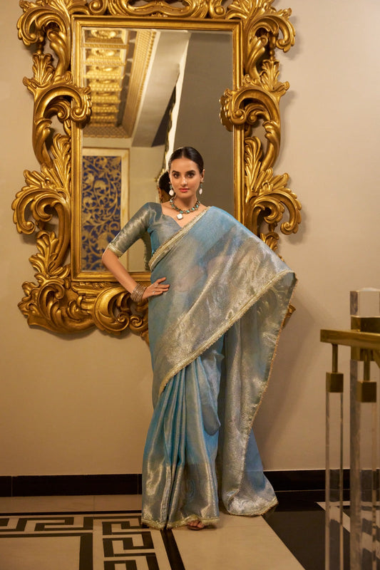 Elegant Tissue Shimmer Saree With Zari Weaving Work