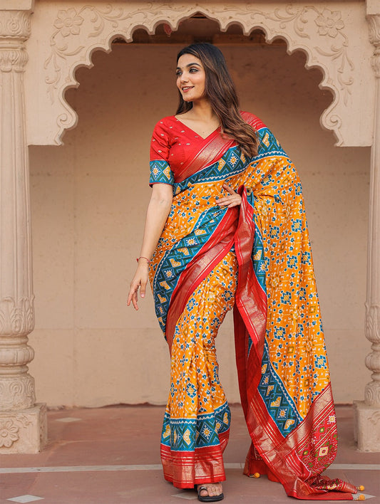 Sublime Mustard Patola Printed Mustard Dola Silk Saree - Ethnicwish