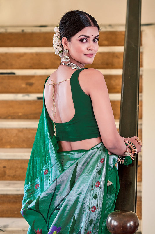 Breathtaking Green Viscose Paithani Meenakari Weaving Worked Saree - Ethnicwish