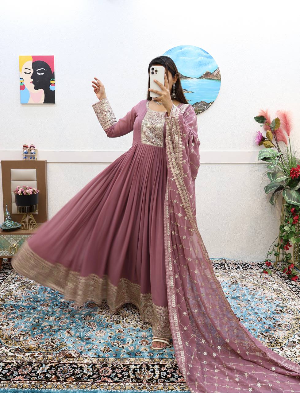 Breathtaking Faux Georgette Sequins Cording Worked Designer Gown - Ethnicwish