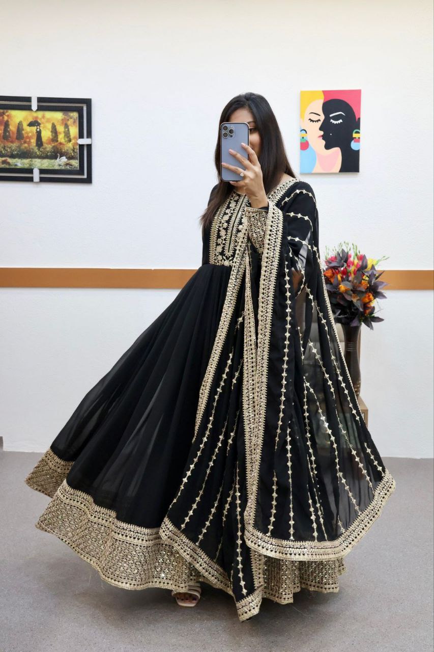 Breathtaking Faux Georgette Sequins Cording Worked Designer Gown - Ethnicwish