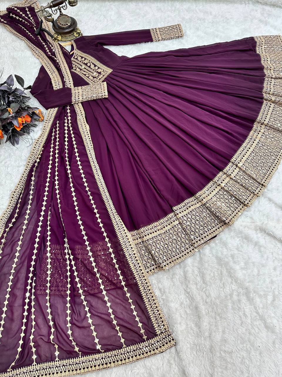 Breathtaking Faux Georgette Sequins Cording Worked Designer Gown - Ethnicwish
