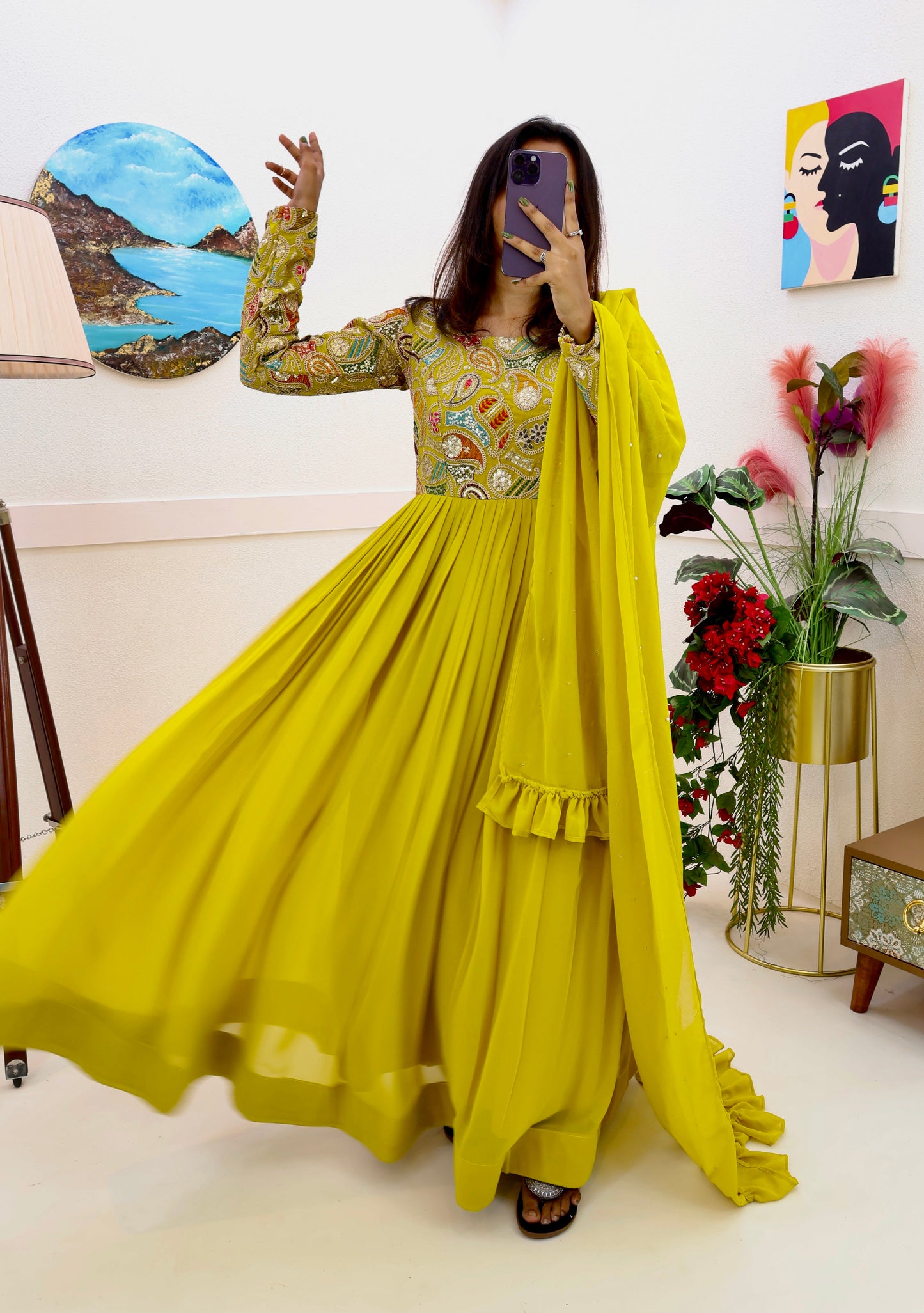 Breathtaking Faux Georgette Sequins Cording Worked Designer Gown - Ethnicwish