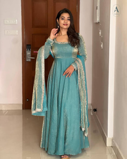 Gorgeous Fendi Silk Sequins Embroidered Fully Stitched Anarkali With Dupatta