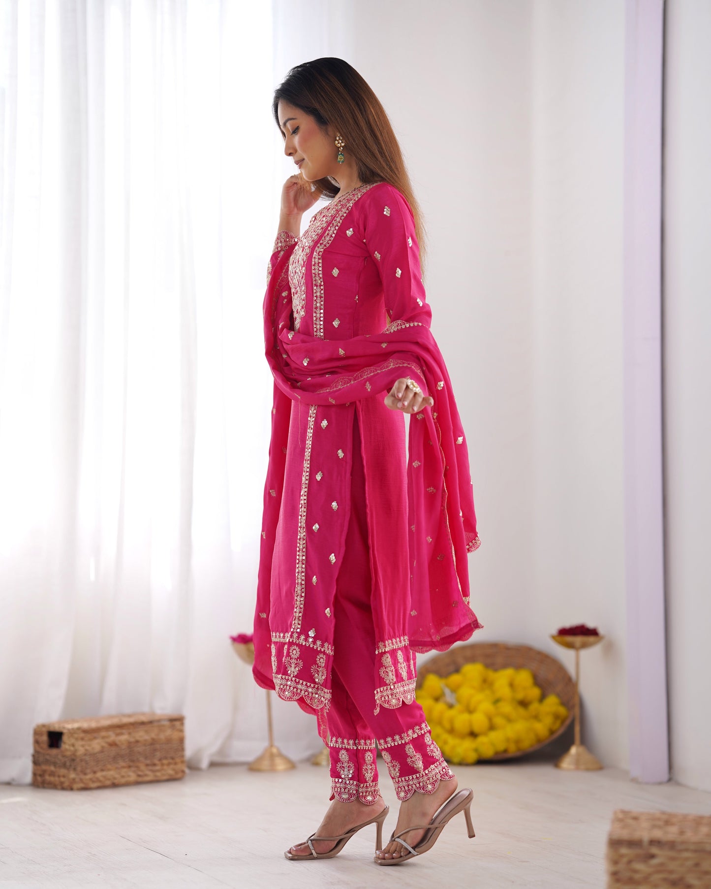 Spectacular Pink Chinon Silk Sequins Embroidered Straight Suit