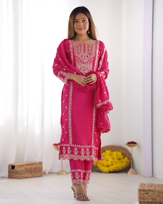 Spectacular Pink Chinon Silk Sequins Embroidered Straight Suit