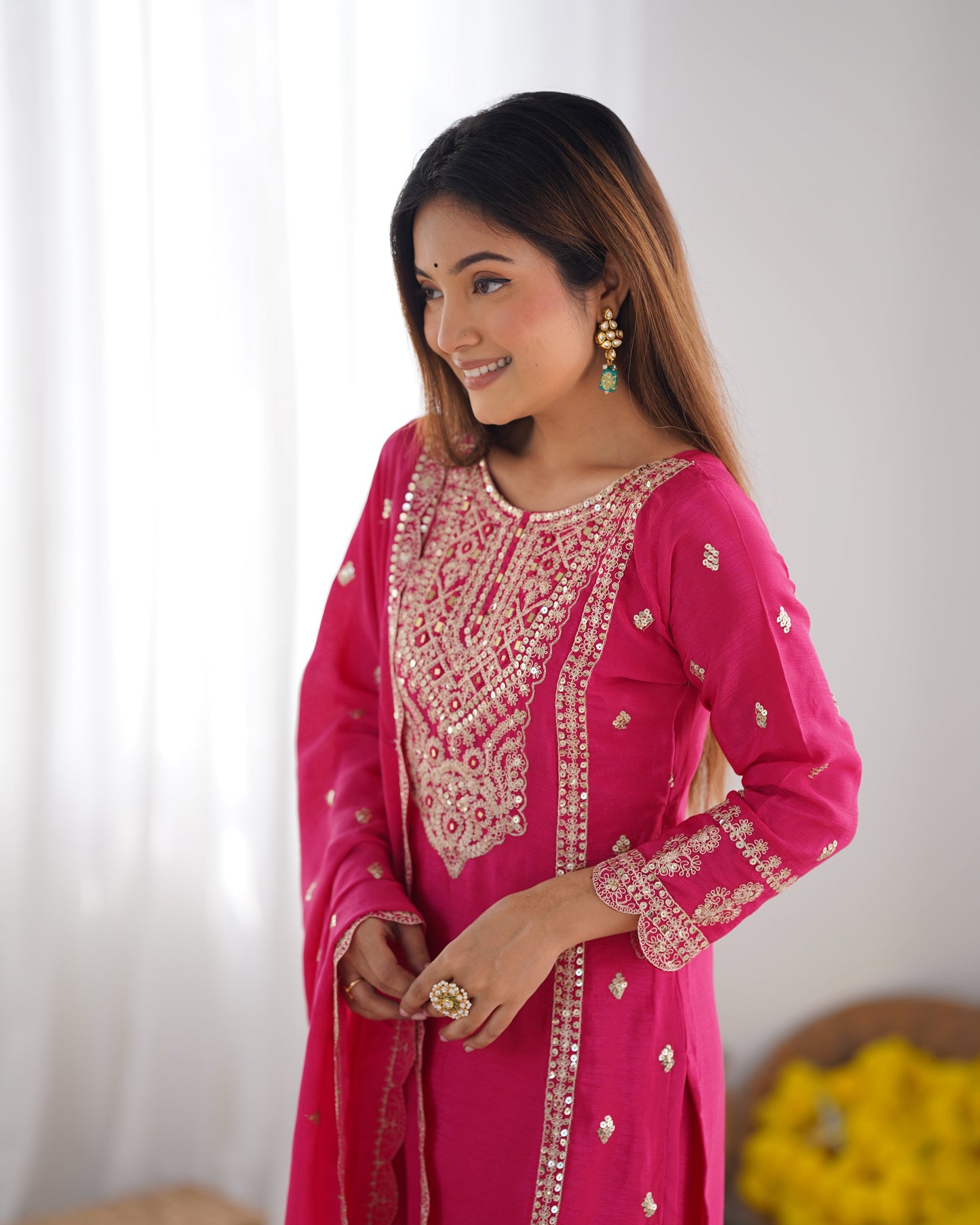Spectacular Pink Chinon Silk Sequins Embroidered Straight Suit