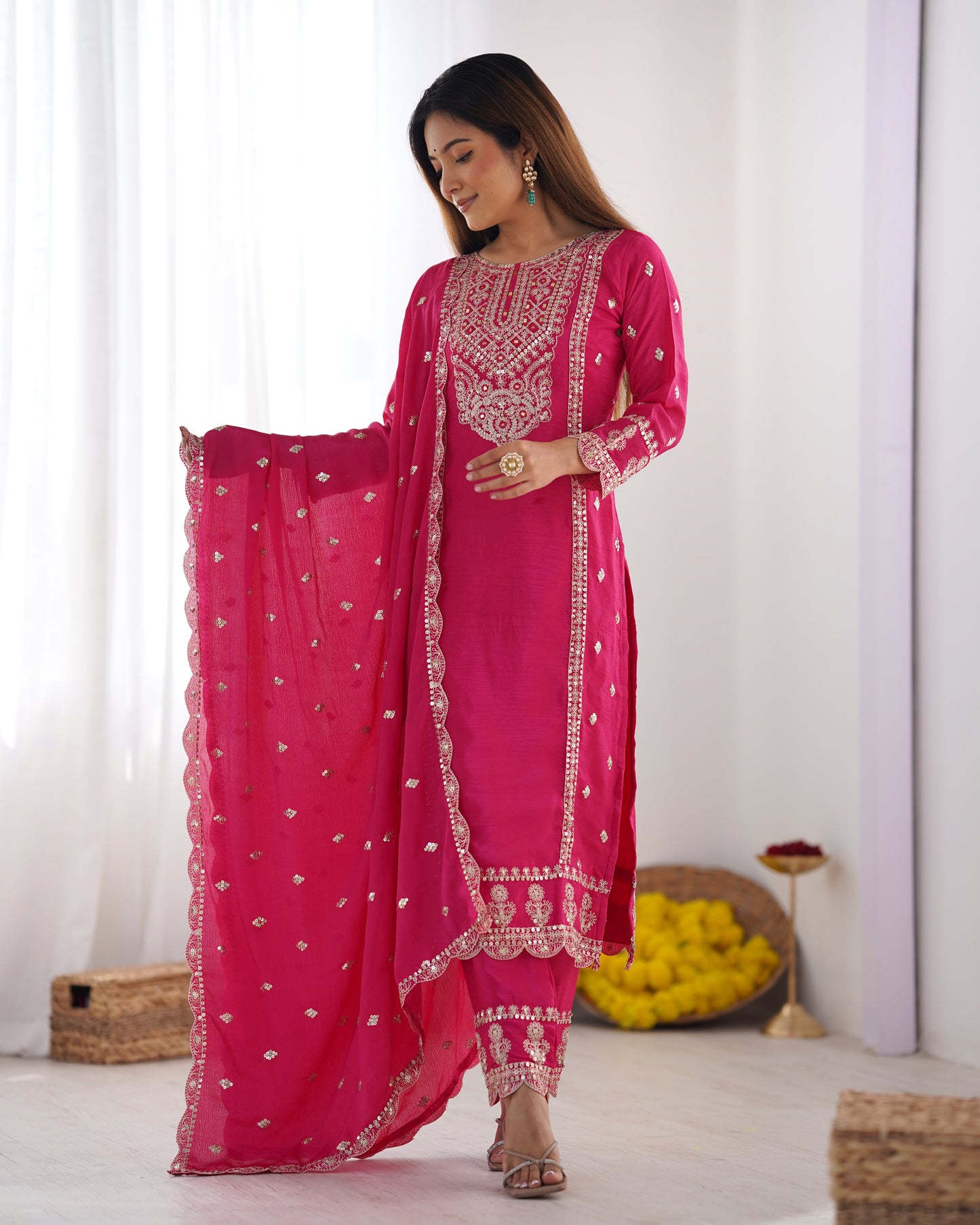 Spectacular Pink Chinon Silk Sequins Embroidered Straight Suit
