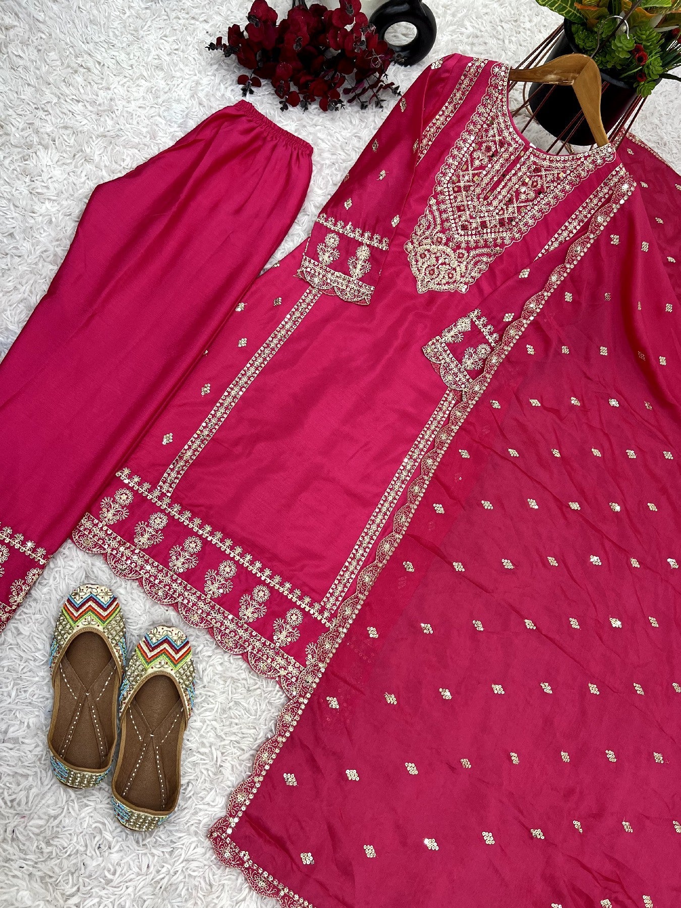 Spectacular Pink Chinon Silk Sequins Embroidered Straight Suit