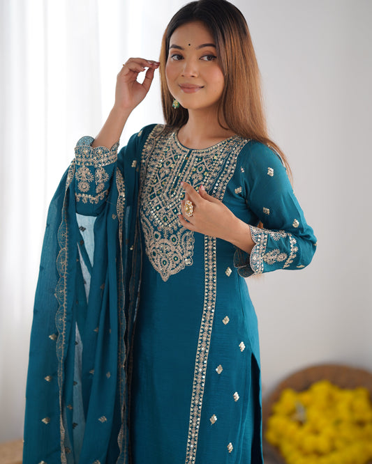 Enamoring Teal Blue Chinon Silk Sequins Embroidered Straight Suit