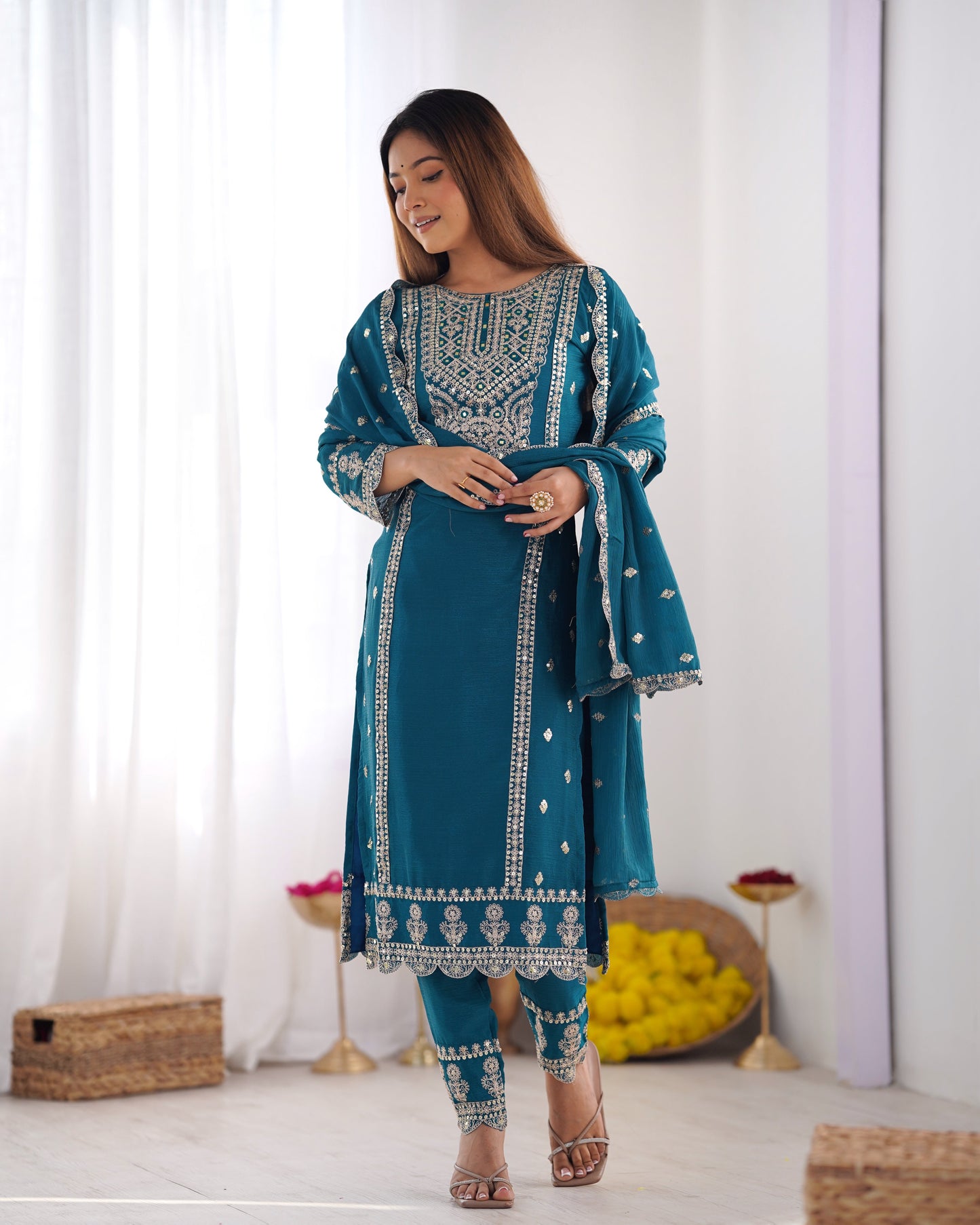 Enamoring Teal Blue Chinon Silk Sequins Embroidered Straight Suit