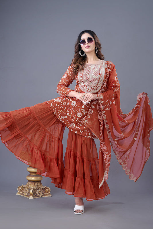 Enticing Georgette Embroidered Ruffle Top Sharara Suit