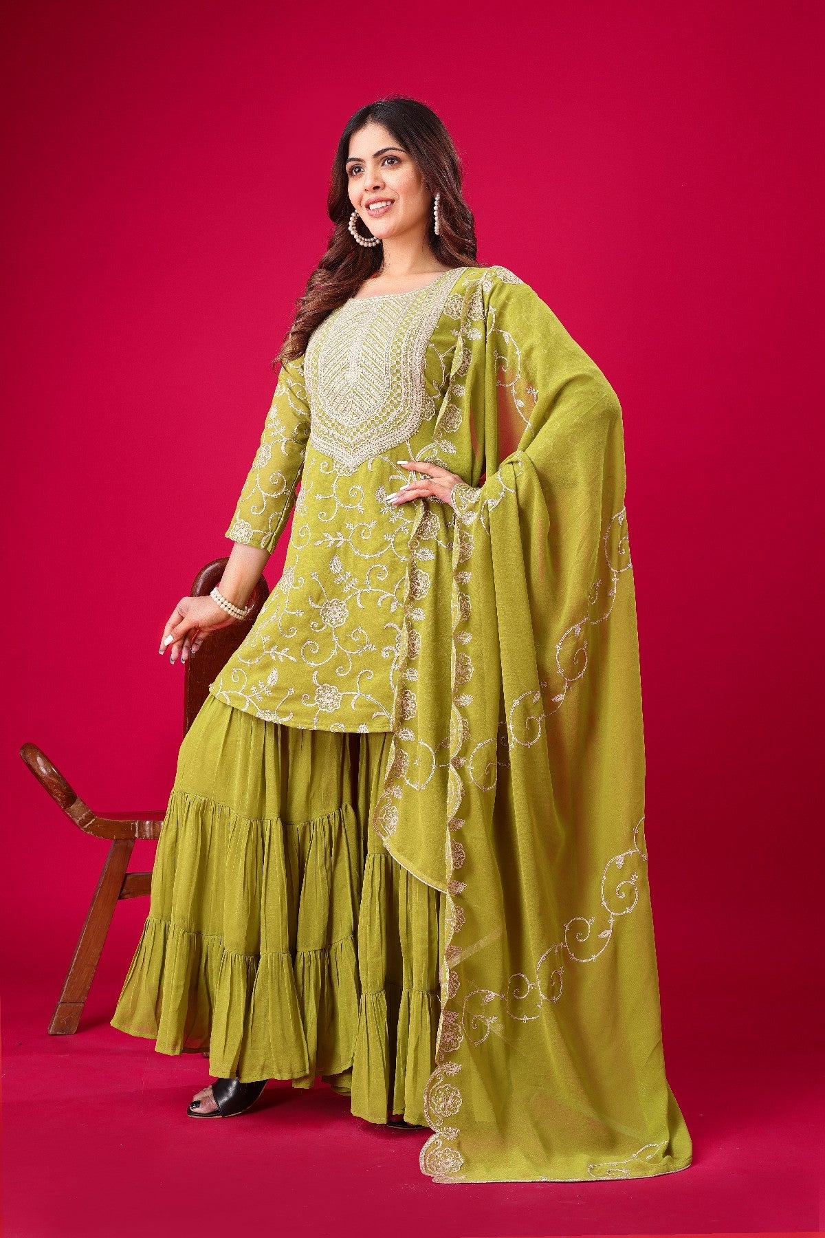 Enticing Georgette Embroidered Ruffle Top Sharara Suit