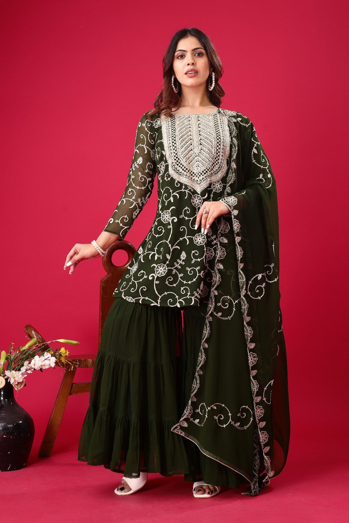 Enticing Georgette Embroidered Ruffle Top Sharara Suit