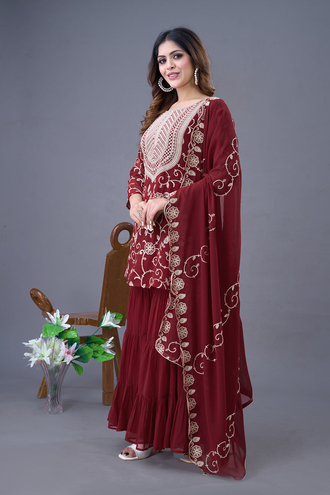 Enticing Georgette Embroidered Ruffle Top Sharara Suit