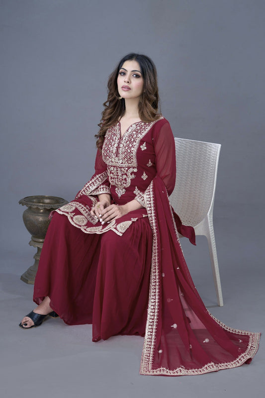Resplendent Heavy Georgette Sequins Embroidered Top Sharara Suit