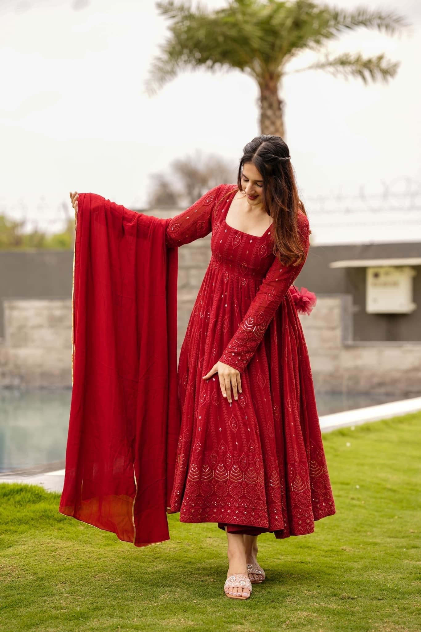 Premium Mehrooni Red Georgette Anarkali Suit Set with Dupatta & Pants