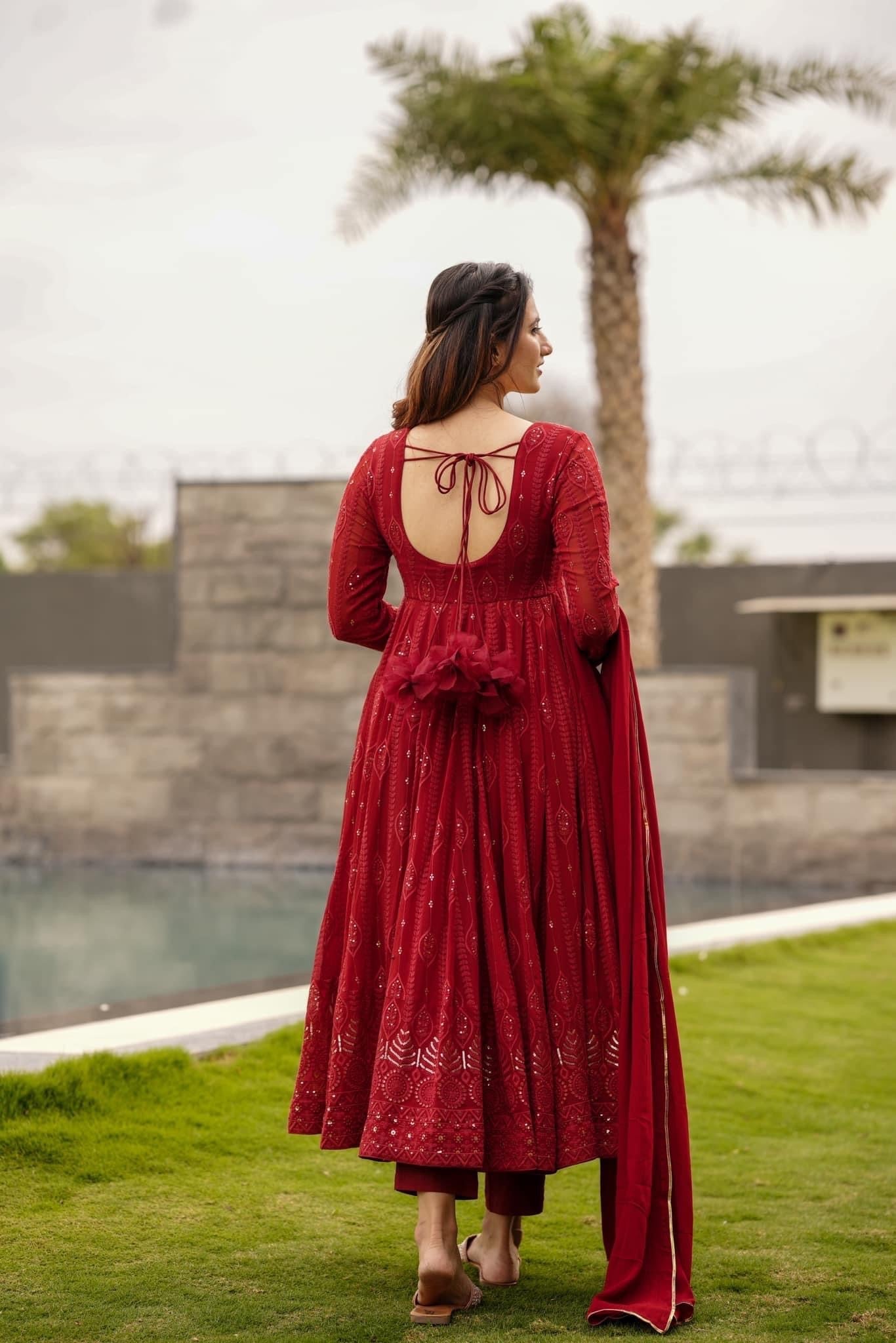 Premium Mehrooni Red Georgette Anarkali Suit Set with Dupatta & Pants